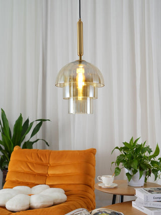 Solara Suspension en Verre Cognac Dôme Laiton Mid-Century