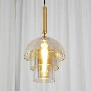 Solara Suspension en Verre Cognac Dôme Laiton Mid-Century