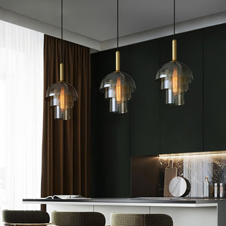 Solara Suspension en Verre Cognac Dôme Laiton Mid-Century