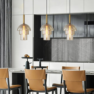 Solara Suspension en Verre Cognac Dôme Laiton Mid-Century
