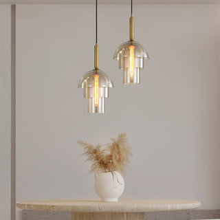 Solara Suspension en Verre Cognac Dôme Laiton Mid-Century