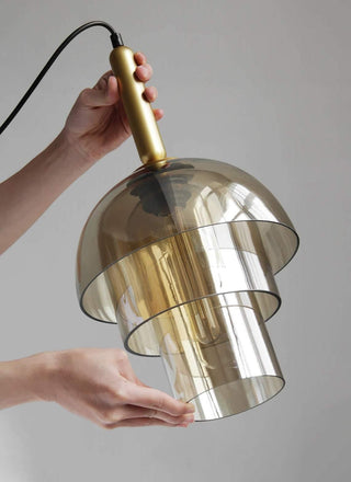 Solara Suspension en Verre Cognac Dôme Laiton Mid-Century