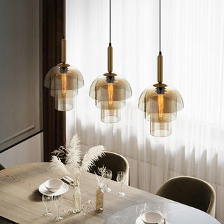 Solara Suspension en Verre Cognac Dôme Laiton Mid-Century