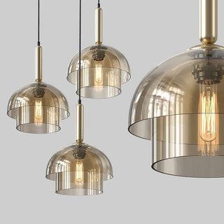 Solara Suspension en Verre Cognac Dôme Laiton Mid-Century