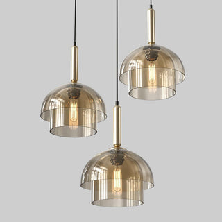 Solara Suspension en Verre Cognac Dôme Laiton Mid-Century
