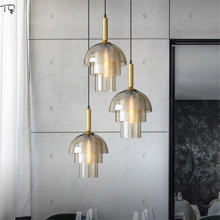 Solara Suspension en Verre Cognac Dôme Laiton Mid-Century