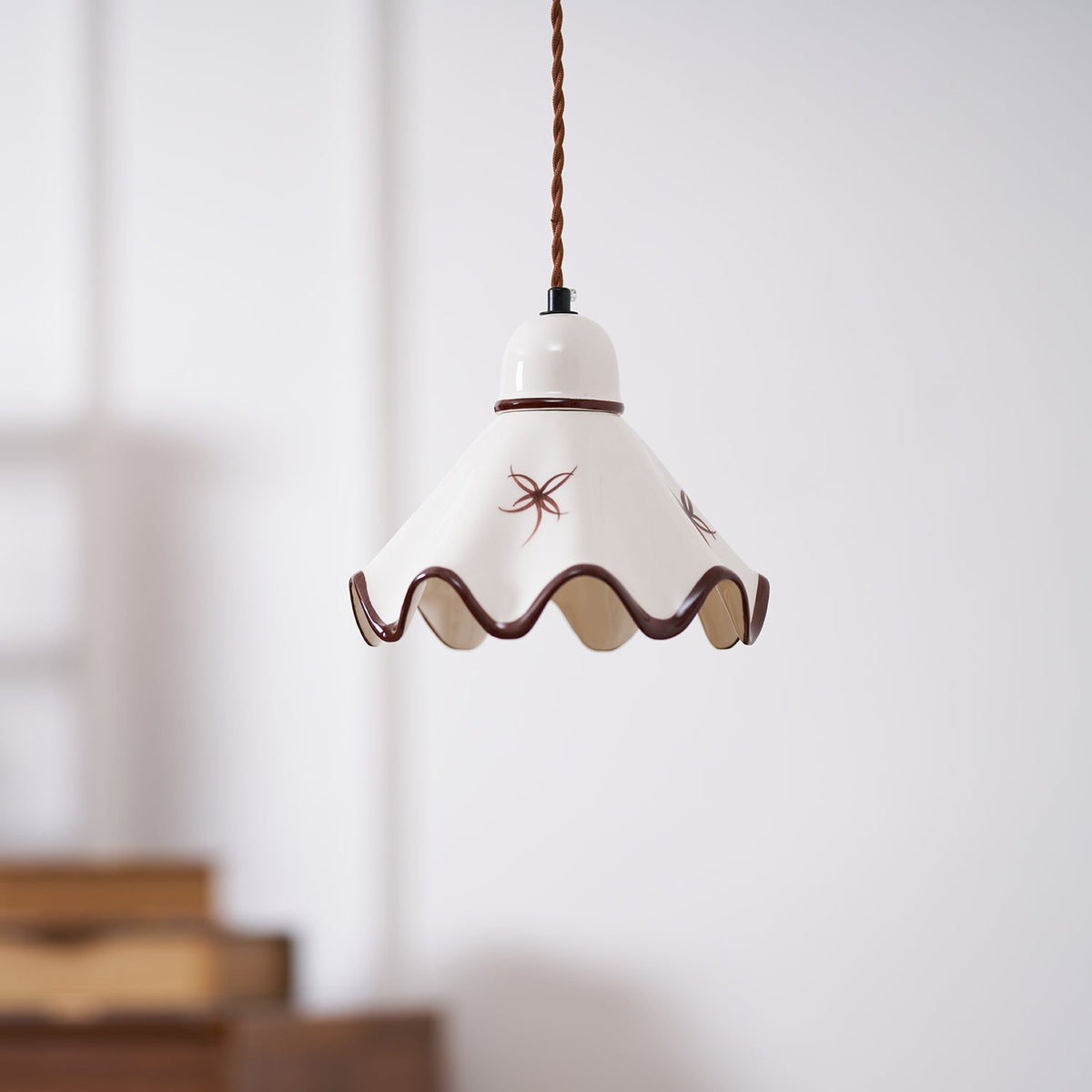 Pendant Lamp Ceramic Wavy Shade Rustic Brown Trim Retro Farmhouse-Neutral Decor
