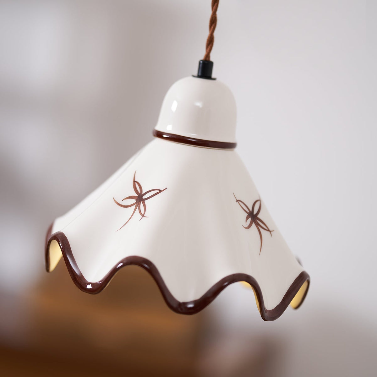 Pendant Lamp Ceramic Wavy Shade Rustic Brown Trim Retro Farmhouse-Neutral Decor
