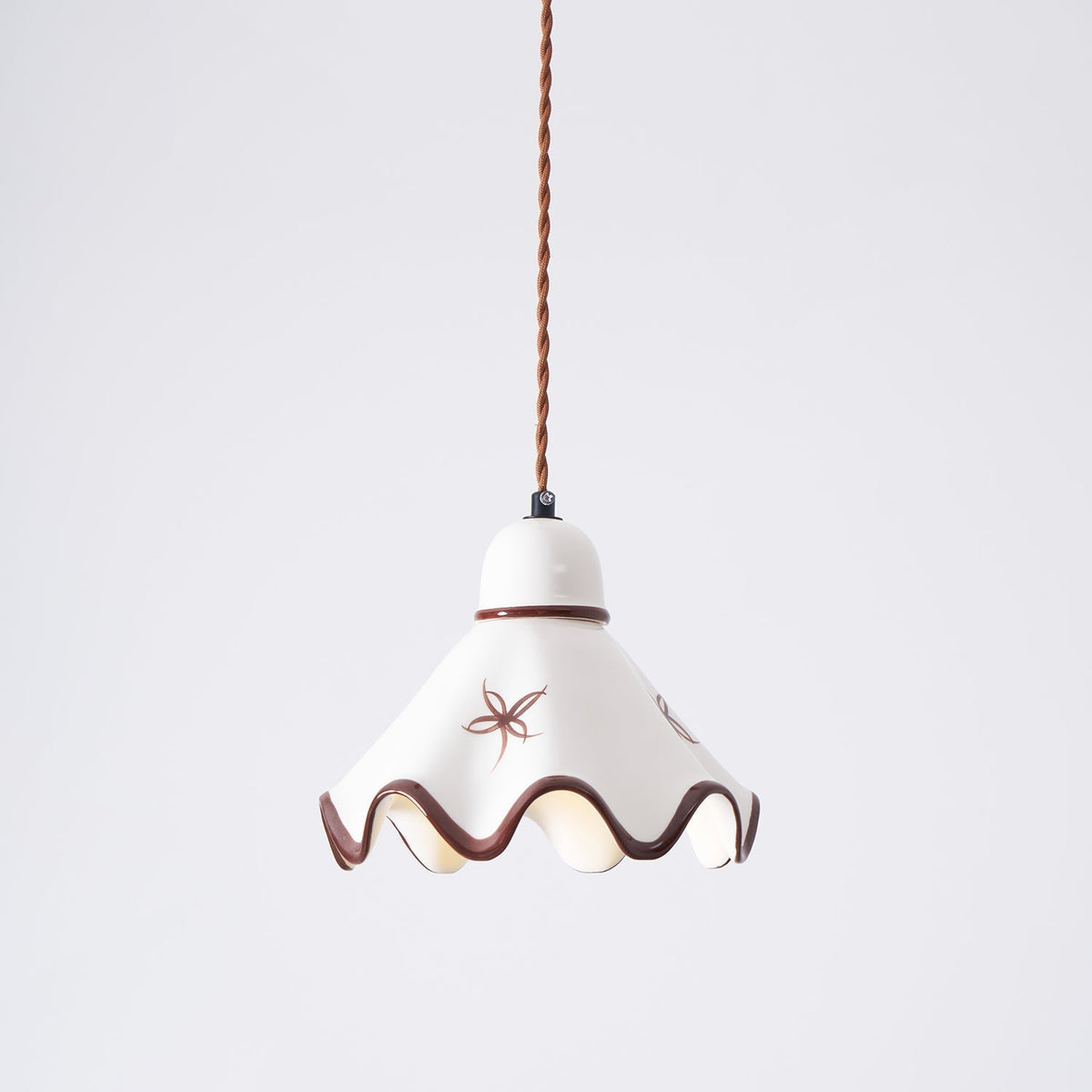 Pendant Lamp Ceramic Wavy Shade Rustic Brown Trim Retro Farmhouse-Neutral Decor