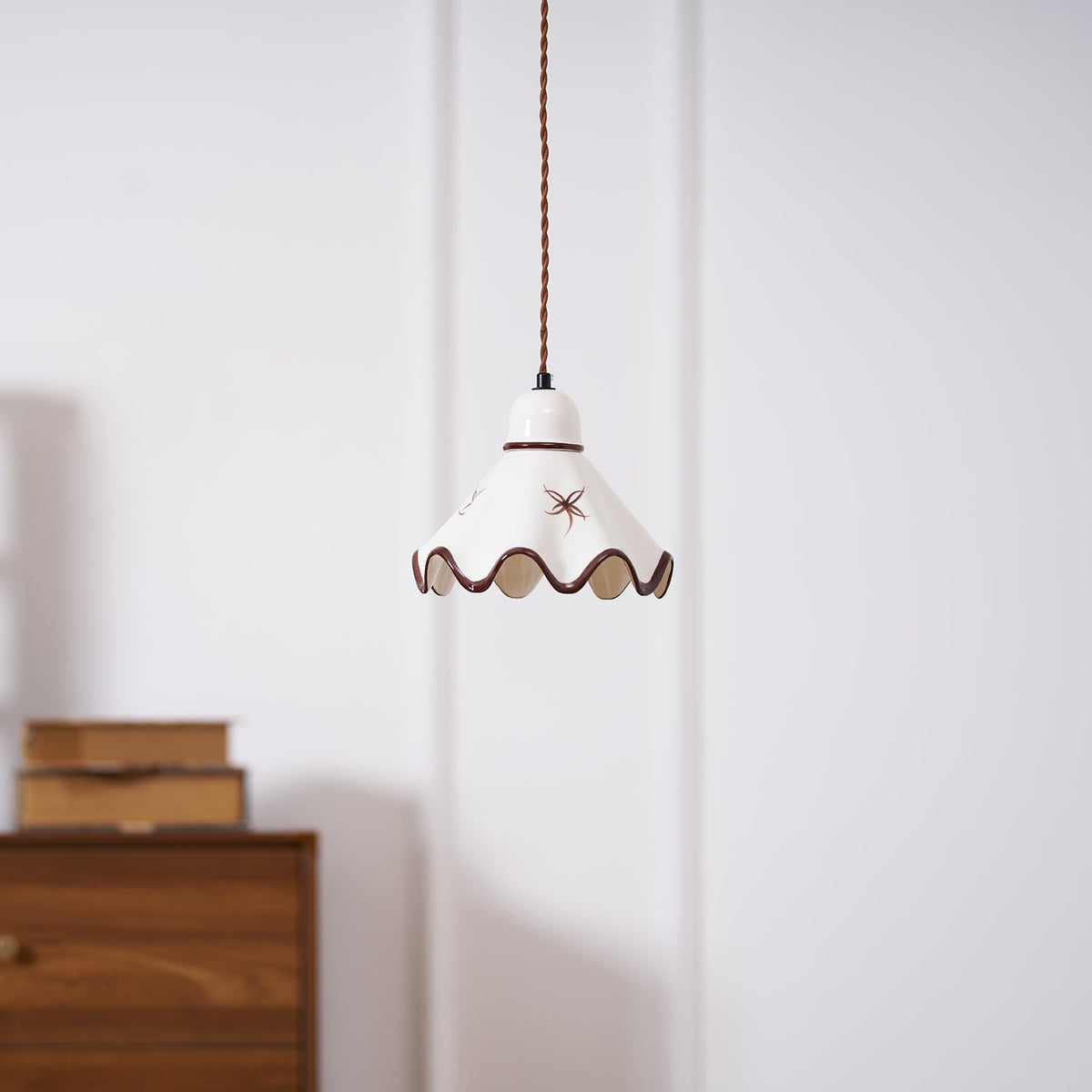 Pendant Lamp Ceramic Wavy Shade Rustic Brown Trim Retro Farmhouse-Neutral Decor