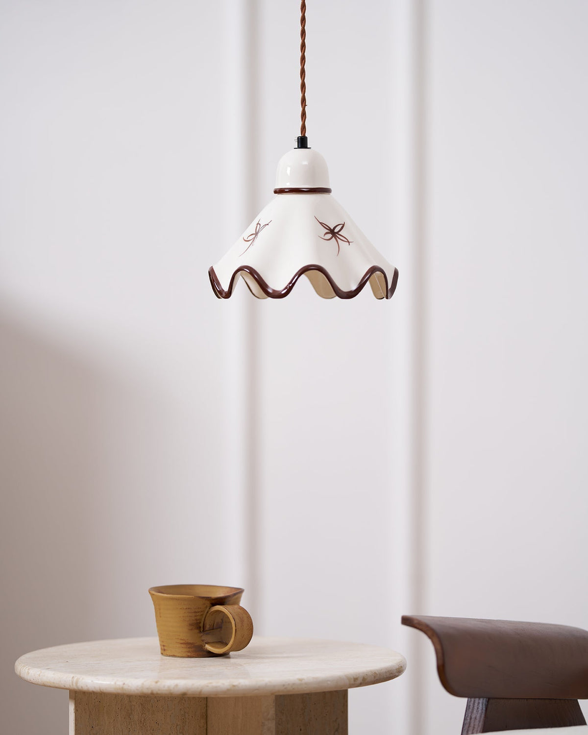 Pendant Lamp Ceramic Wavy Shade Rustic Brown Trim Retro Farmhouse-Neutral Decor