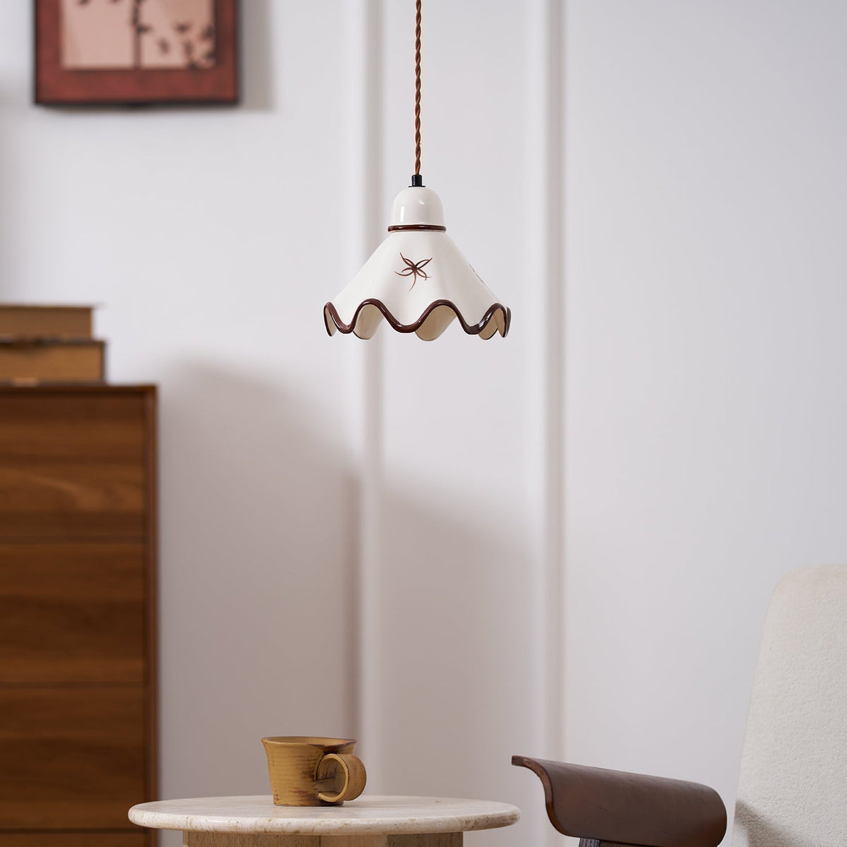 Pendant Lamp Ceramic Wavy Shade Rustic Brown Trim Retro Farmhouse-Neutral Decor