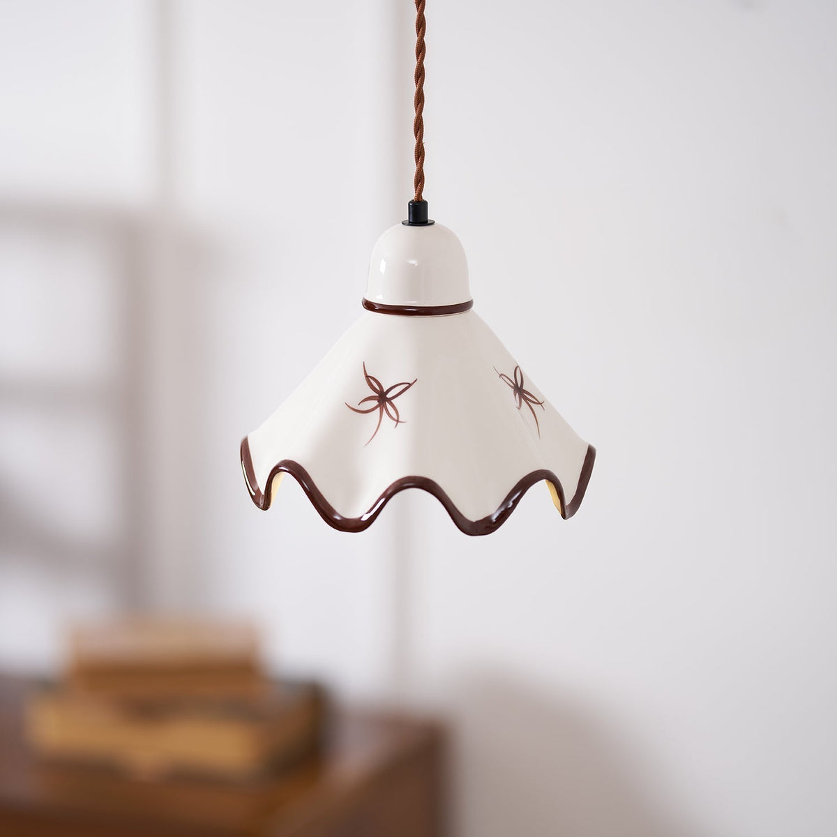 Pendant Lamp Ceramic Wavy Shade Rustic Brown Trim Retro Farmhouse-Neutral Decor