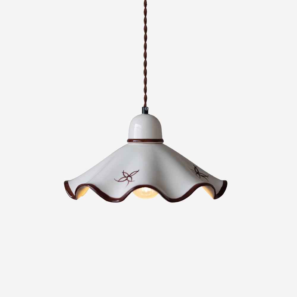 Pendant Lamp Ceramic Wavy Shade Rustic Brown Trim Retro Farmhouse-Neutral Decor