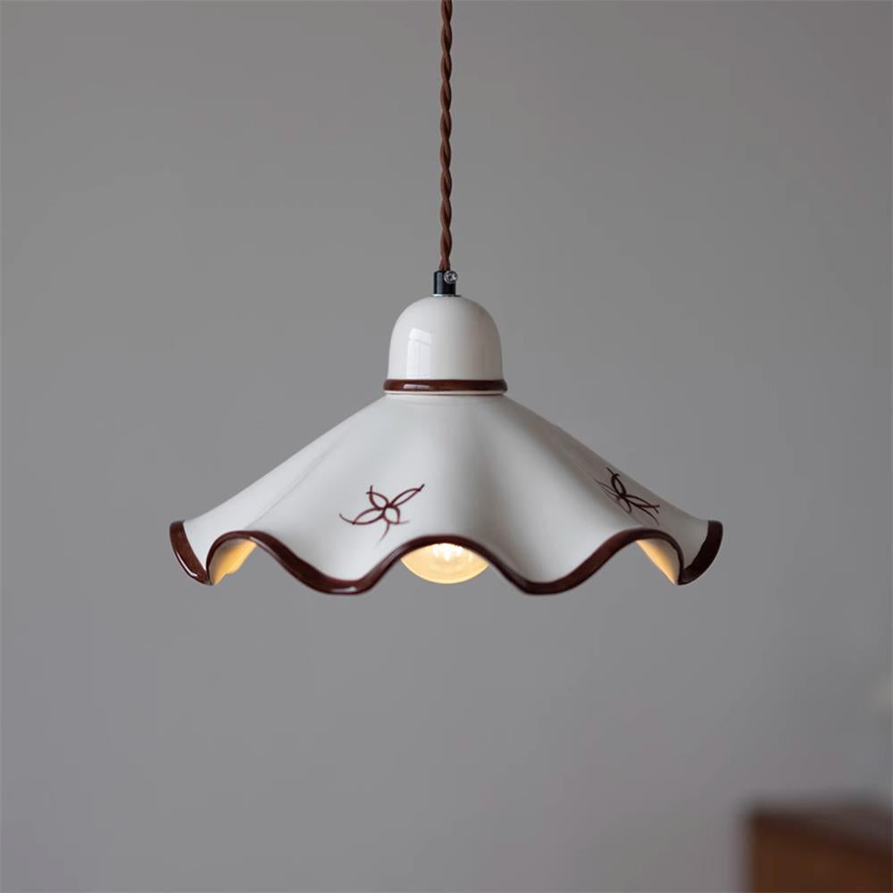 Pendant Lamp Ceramic Wavy Shade Rustic Brown Trim Retro Farmhouse-Neutral Decor