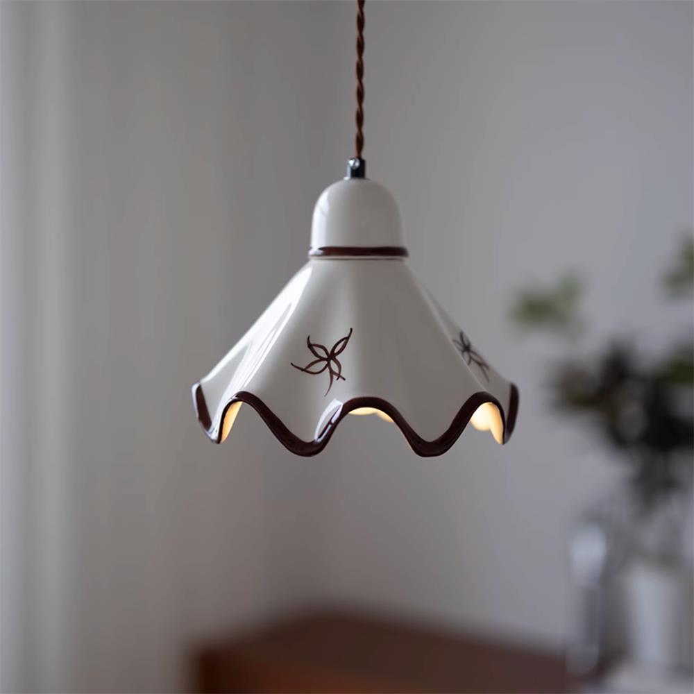 Pendant Lamp Ceramic Wavy Shade Rustic Brown Trim Retro Farmhouse-Neutral Decor