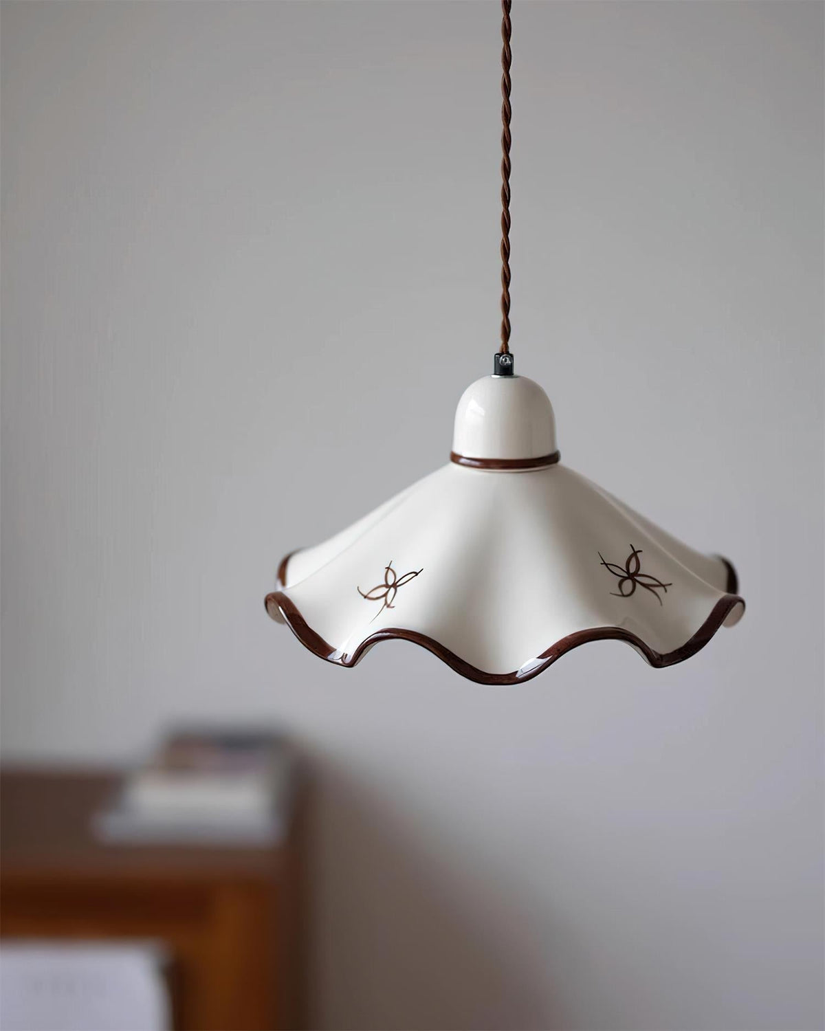 Pendant Lamp Ceramic Wavy Shade Rustic Brown Trim Retro Farmhouse-Neutral Decor