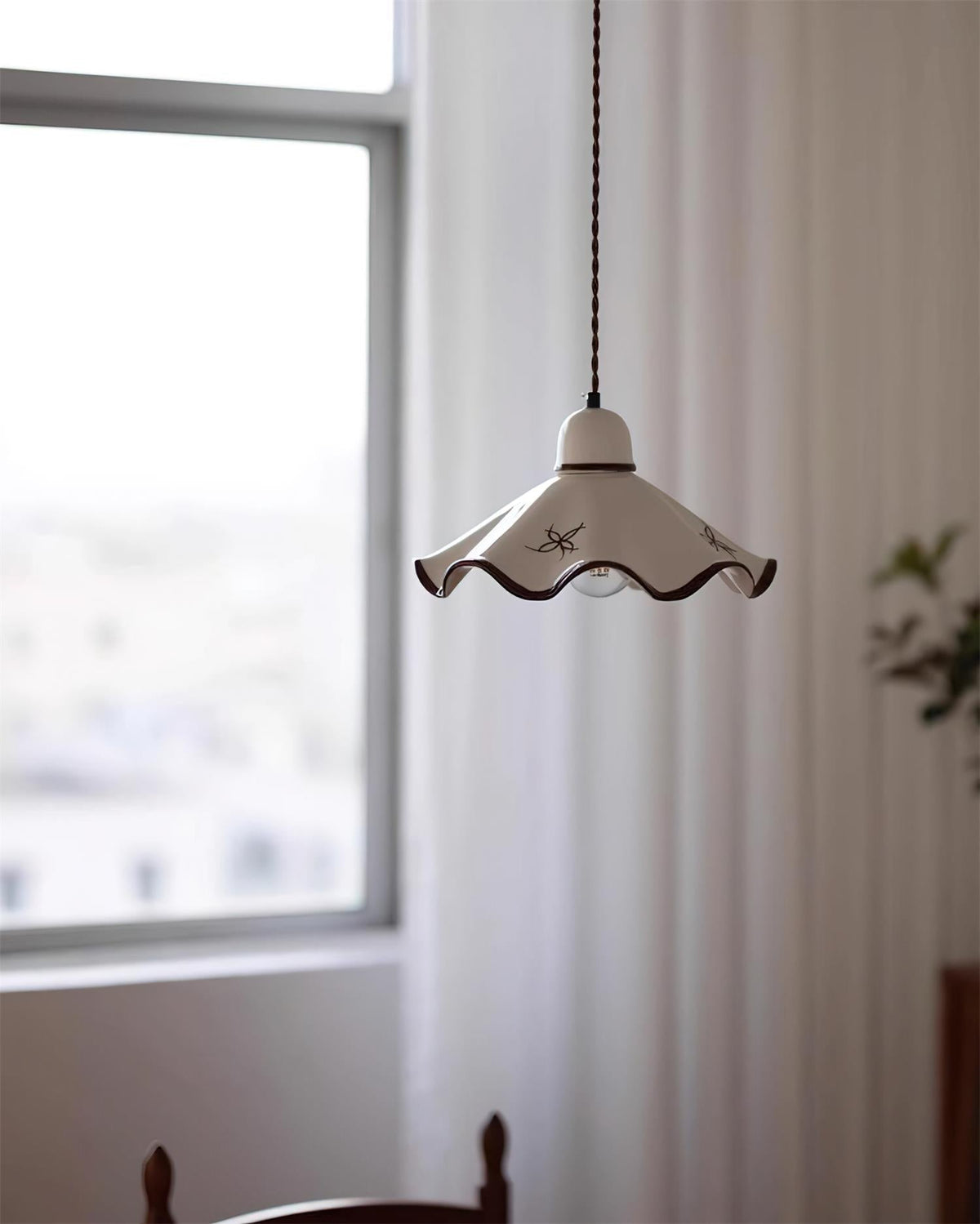 Pendant Lamp Ceramic Wavy Shade Rustic Brown Trim Retro Farmhouse-Neutral Decor