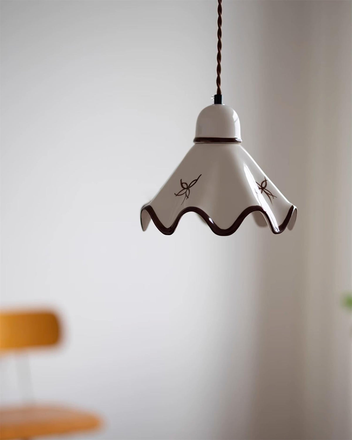 Pendant Lamp Ceramic Wavy Shade Rustic Brown Trim Retro Farmhouse-Neutral Decor
