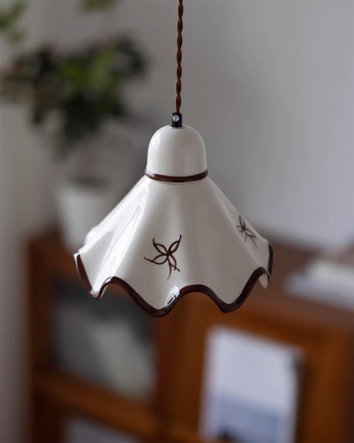 Pendant Lamp Ceramic Wavy Shade Rustic Brown Trim Retro Farmhouse-Neutral Decor