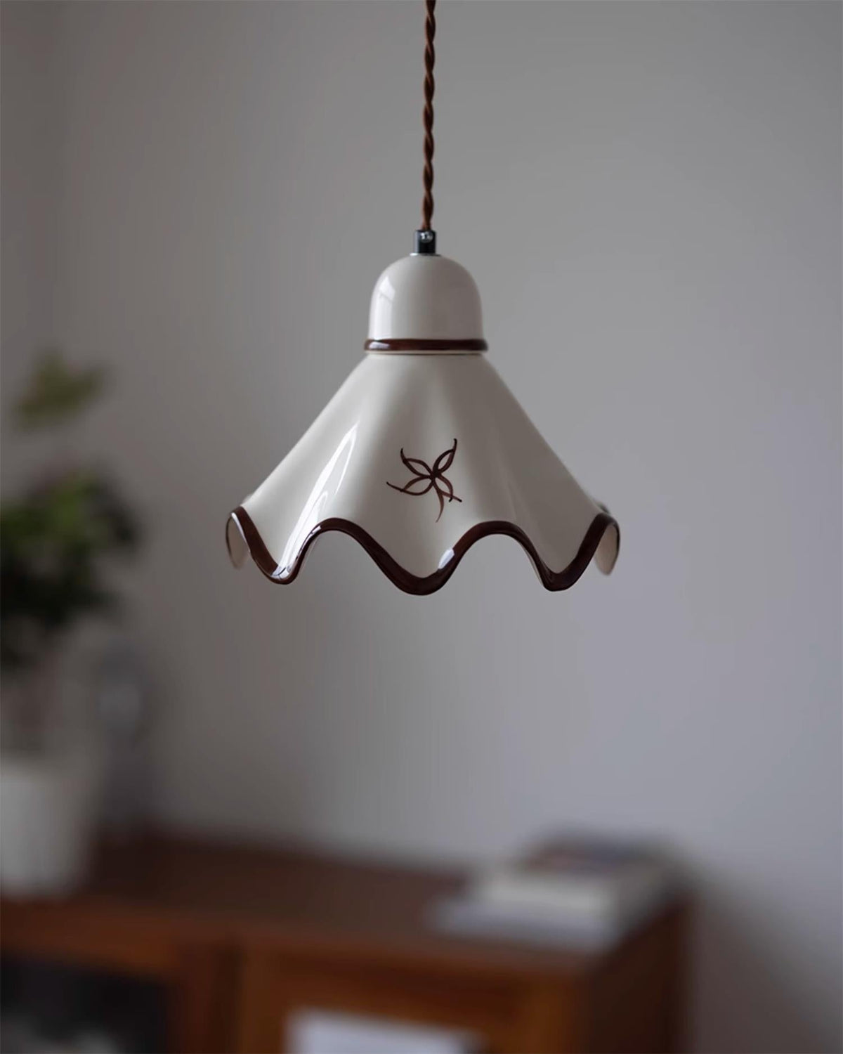 Pendant Lamp Ceramic Wavy Shade Rustic Brown Trim Retro Farmhouse-Neutral Decor