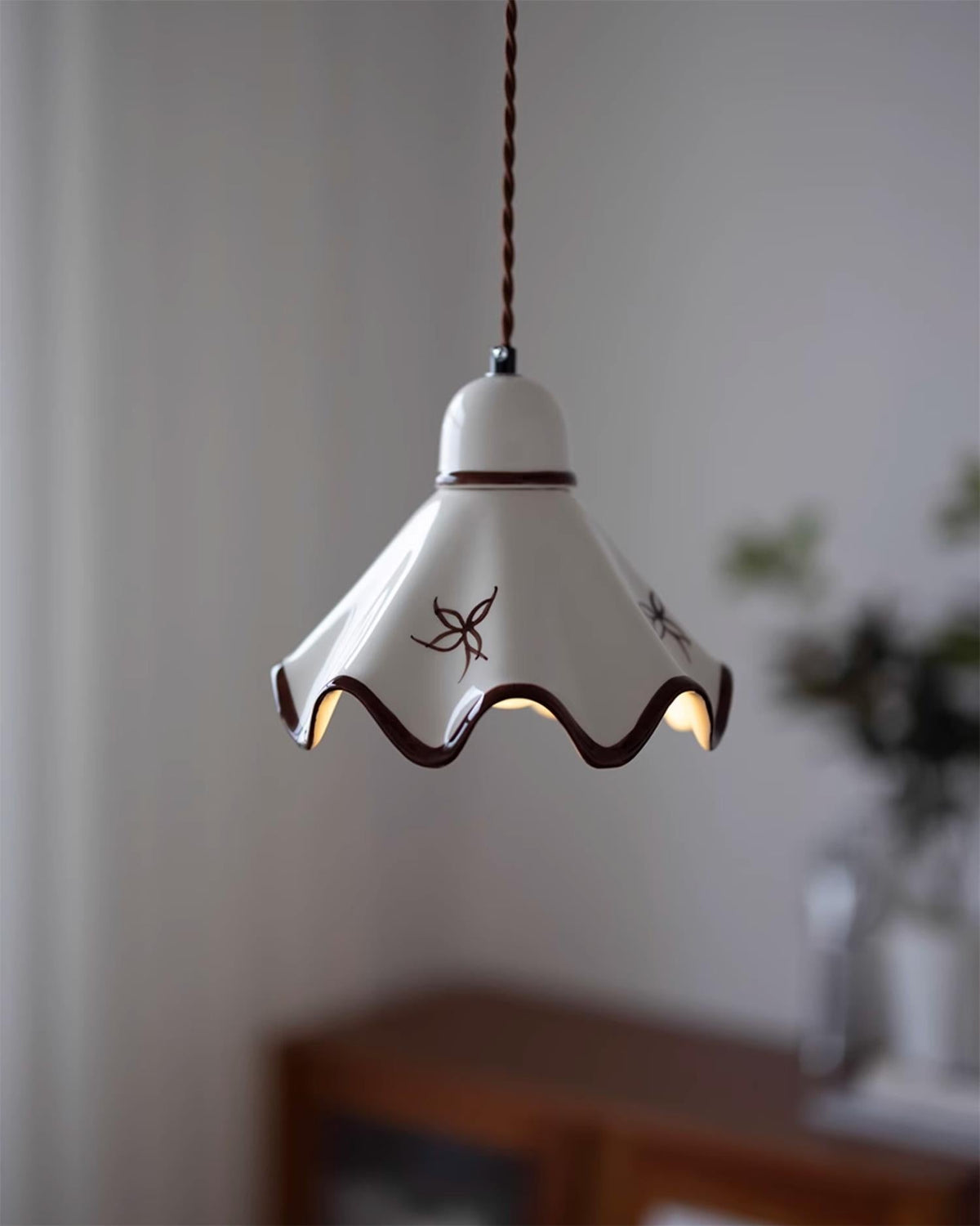 Pendant Lamp Ceramic Wavy Shade Rustic Brown Trim Retro Farmhouse-Neutral Decor