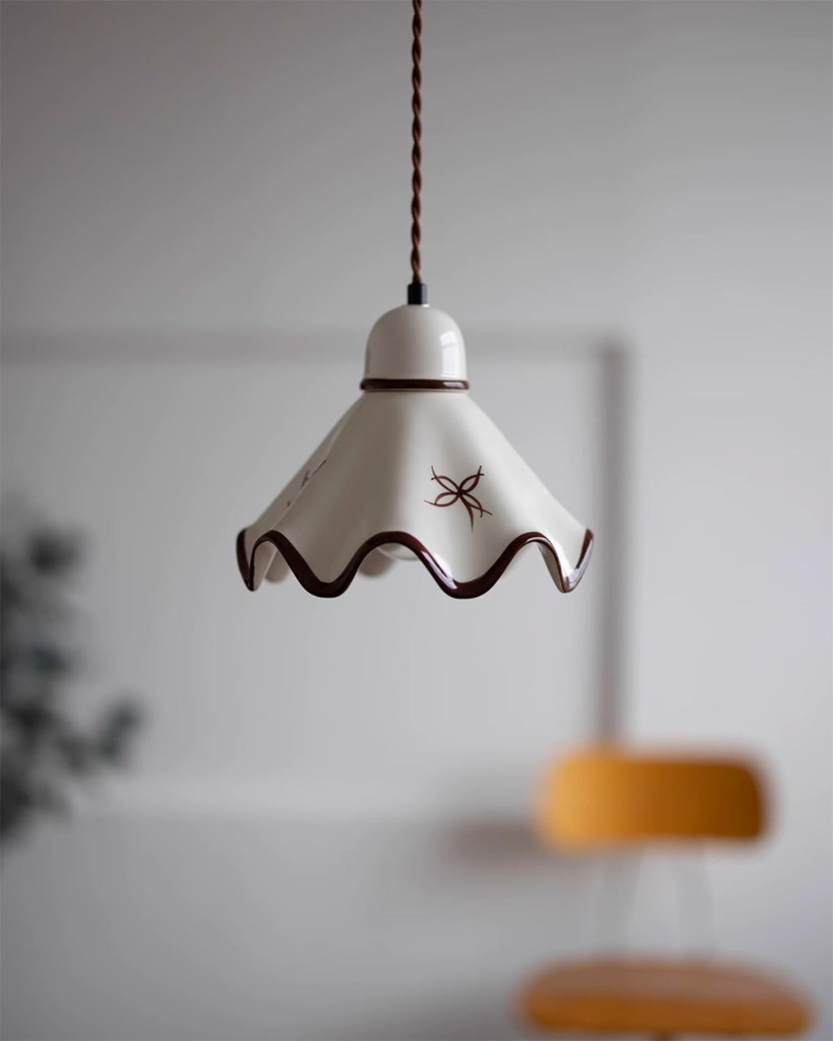Pendant Lamp Ceramic Wavy Shade Rustic Brown Trim Retro Farmhouse-Neutral Decor