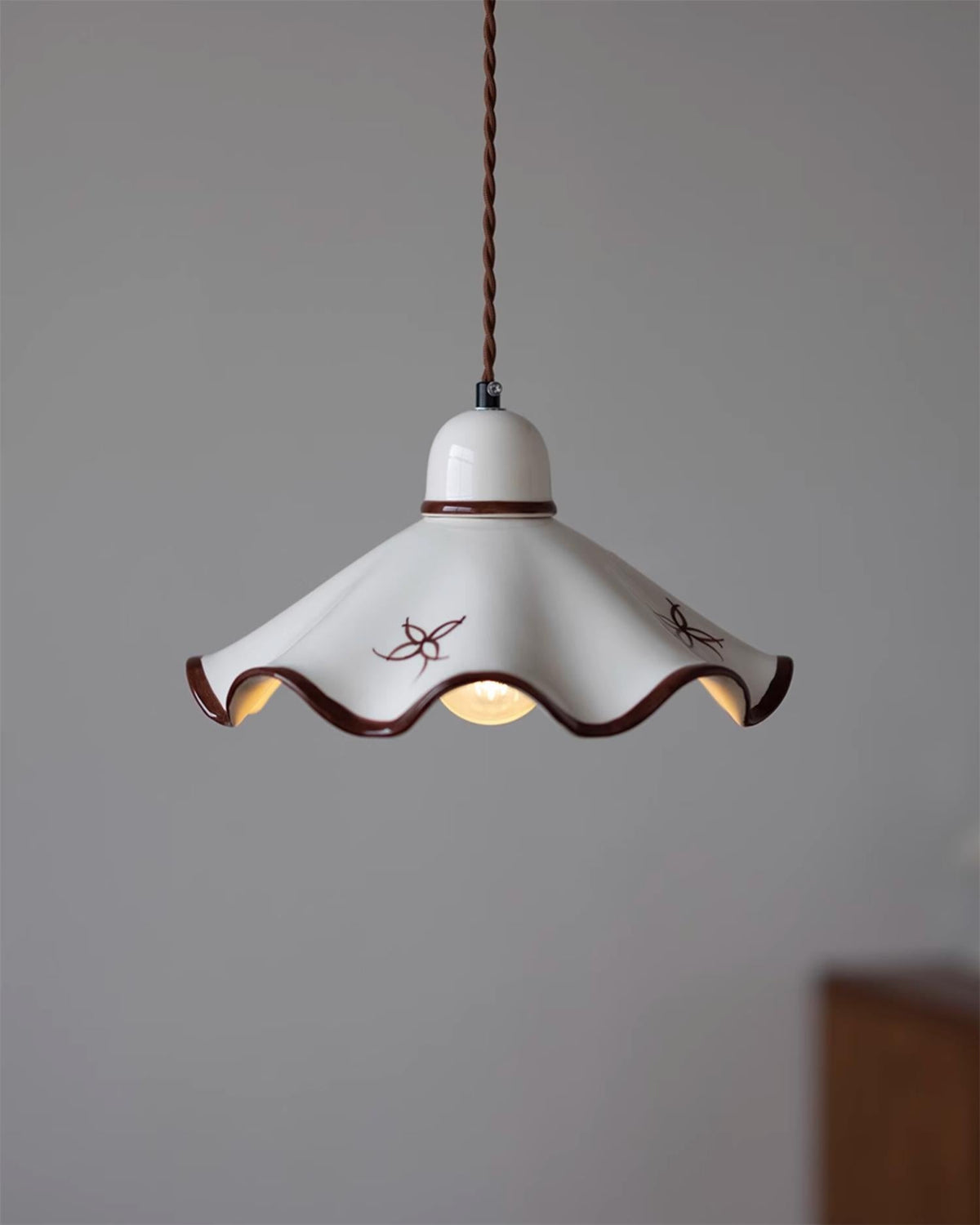 Pendant Lamp Ceramic Wavy Shade Rustic Brown Trim Retro Farmhouse-Neutral Decor