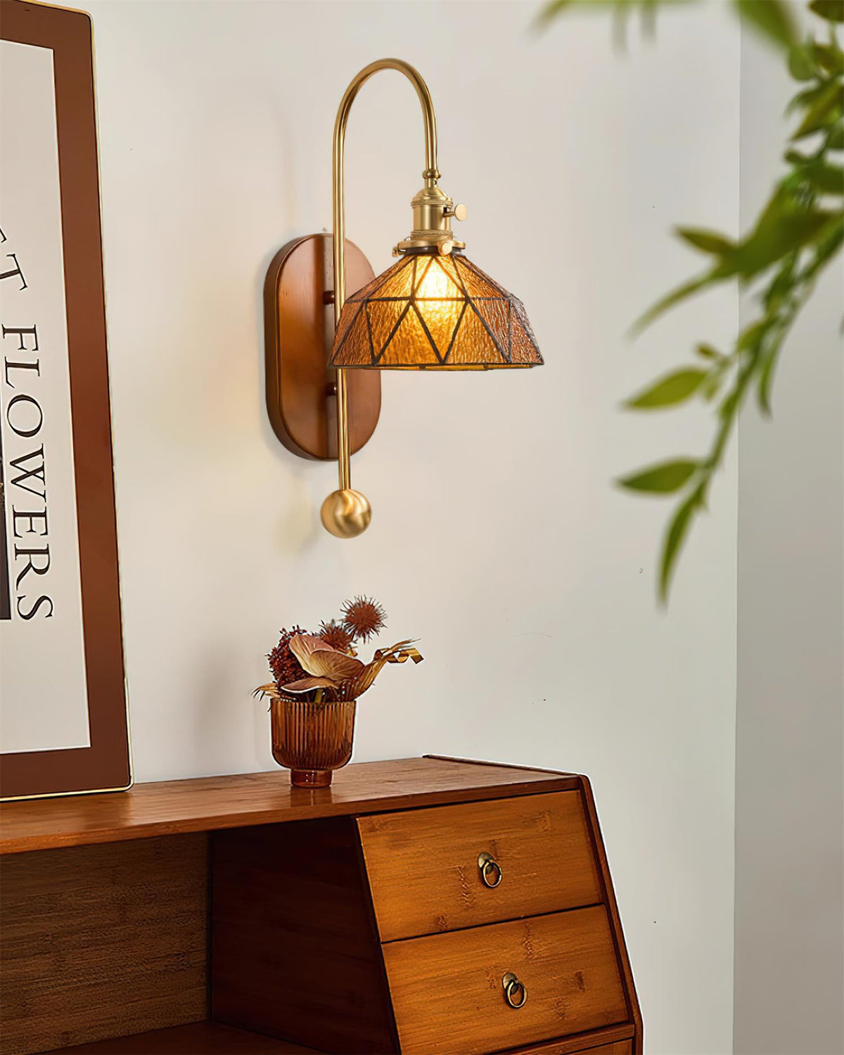 Wall Lamp Metal and Glass Smooth Globe with Wooden Backplate-Neutral Decor