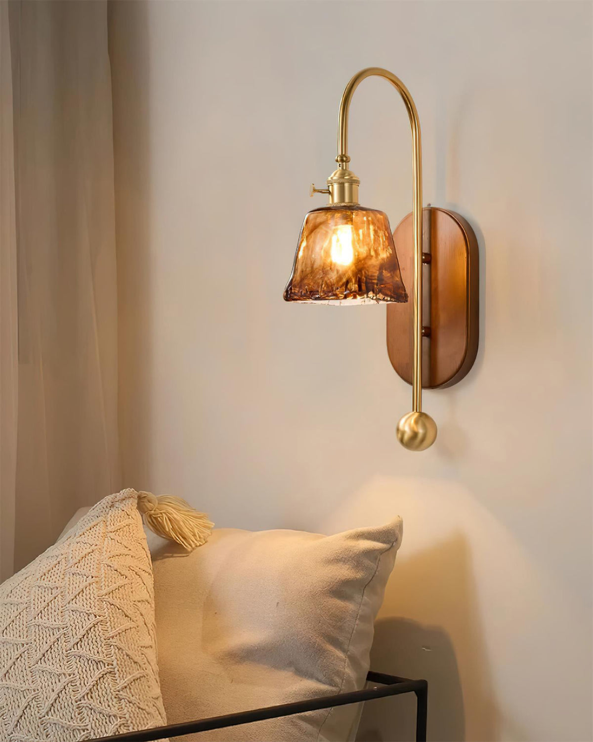 Wall Lamp Metal and Glass Smooth Globe with Wooden Backplate-Neutral Decor