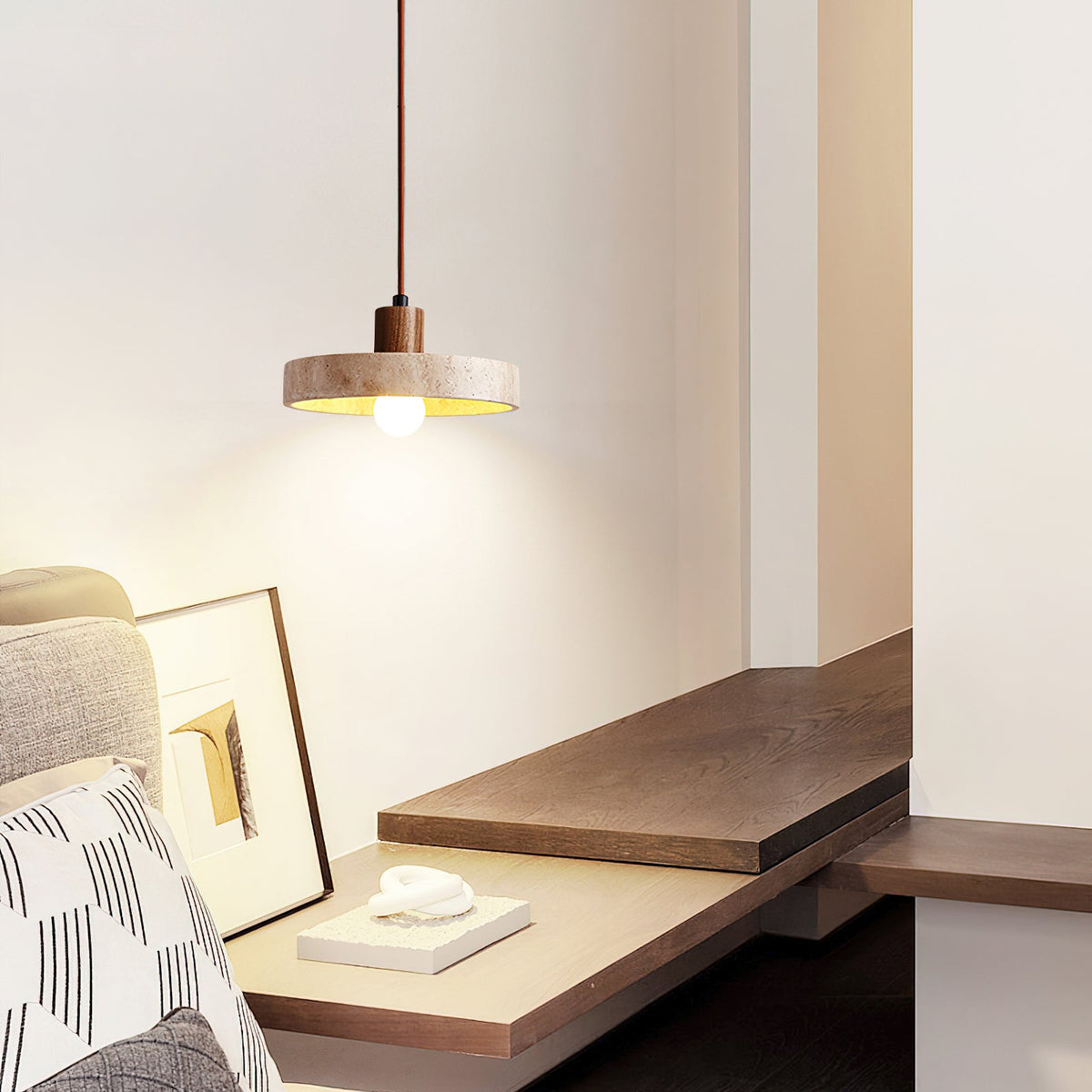 Kairi Pendant Lamp with four travertine shades in a modern kitchen.
