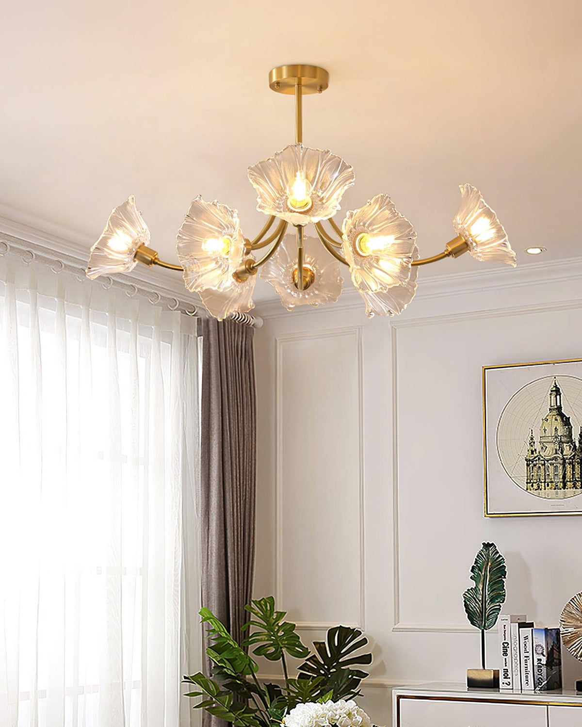 Theraine Lustre en Verre Fleur avec Finition Laiton