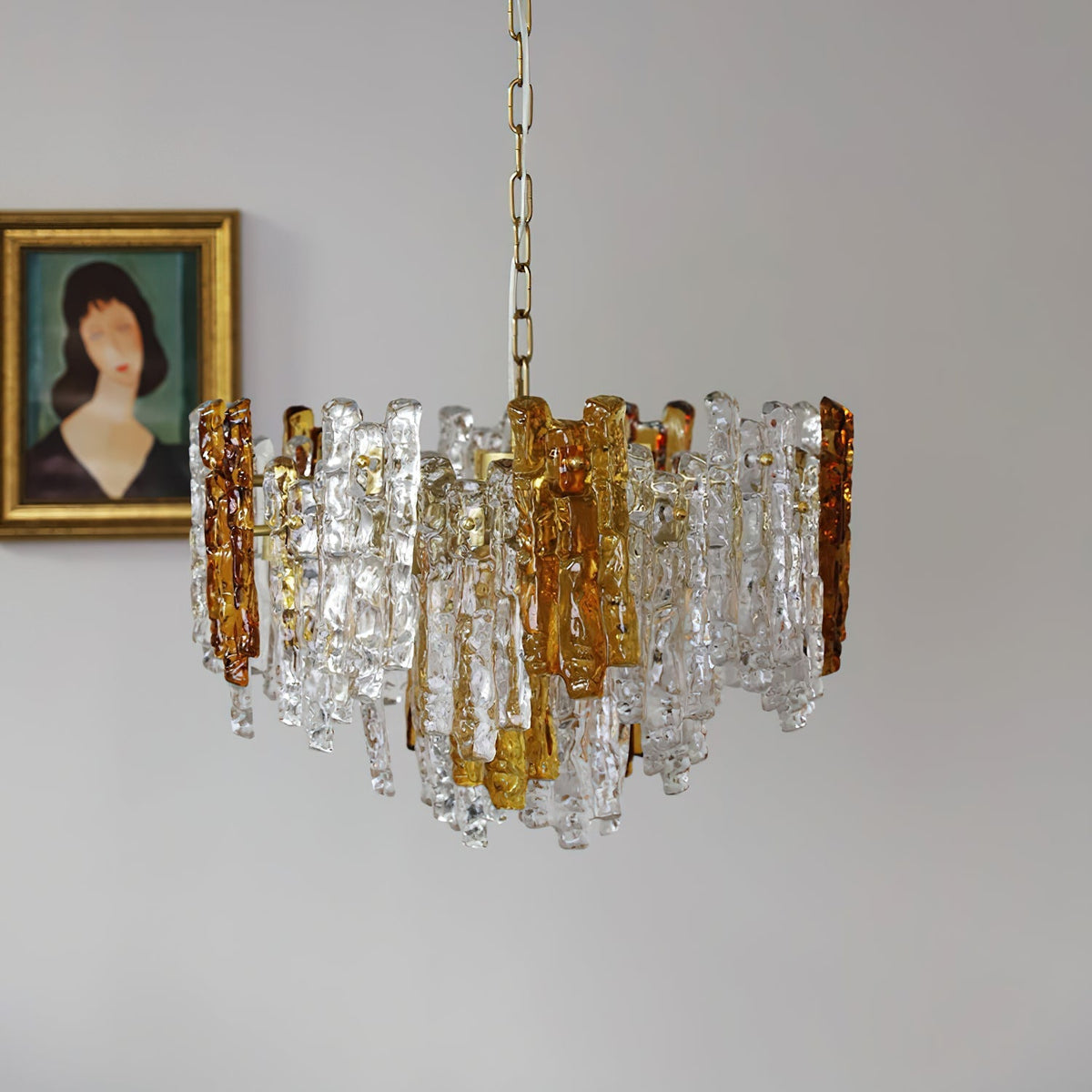 The Kalmar Pendant Light illuminated in a modern living room.