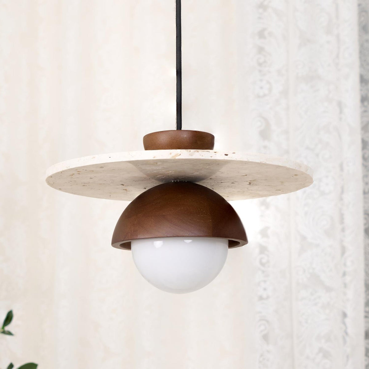 Calvion Pendant Light Travertine Wood Glass Globe-Neutral Decor