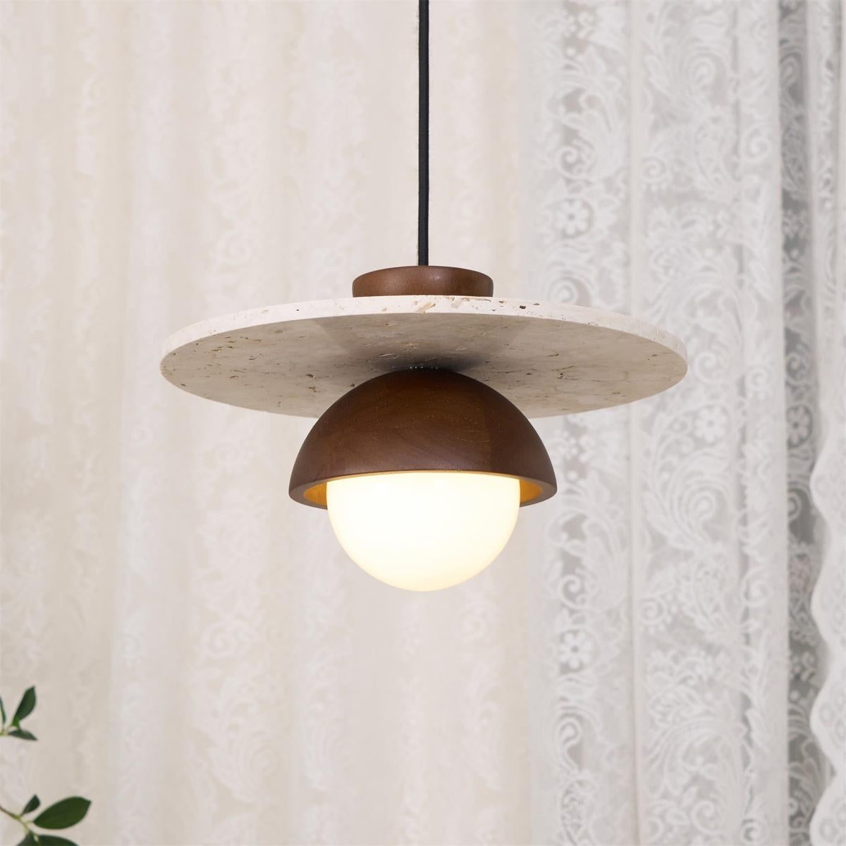 Calvion Pendant Light Travertine Wood Glass Globe-Neutral Decor