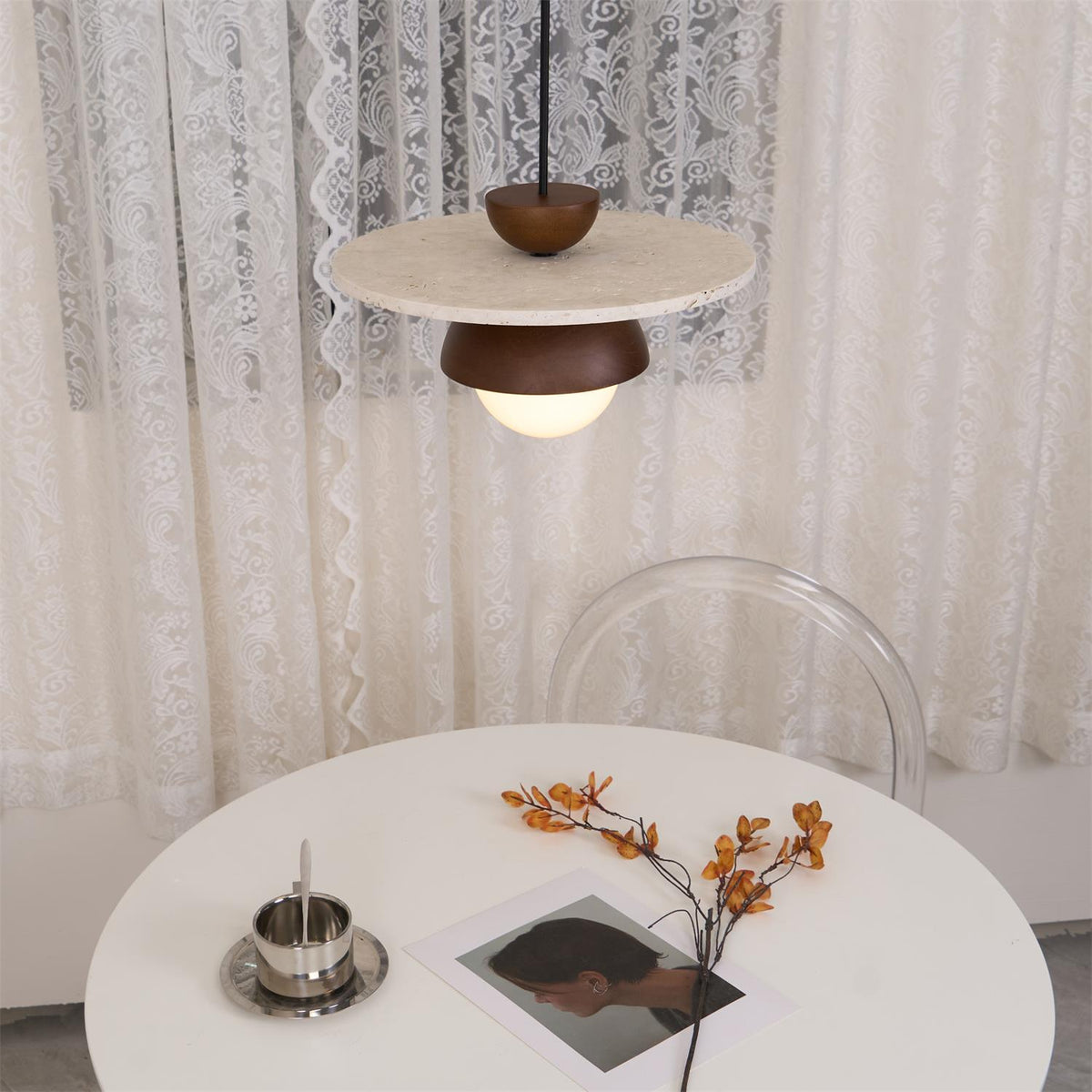 Calvion Pendant Light Travertine Wood Glass Globe-Neutral Decor