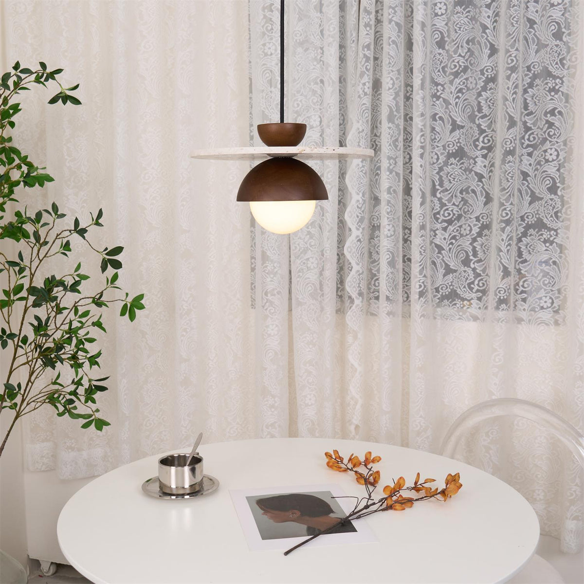 Calvion Pendant Light Travertine Wood Glass Globe-Neutral Decor