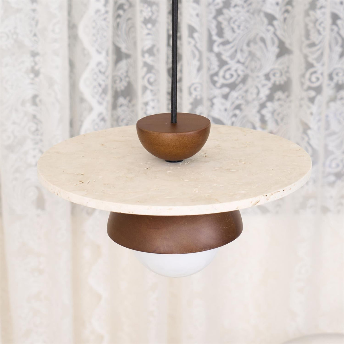 Calvion Pendant Light Travertine Wood Glass Globe-Neutral Decor