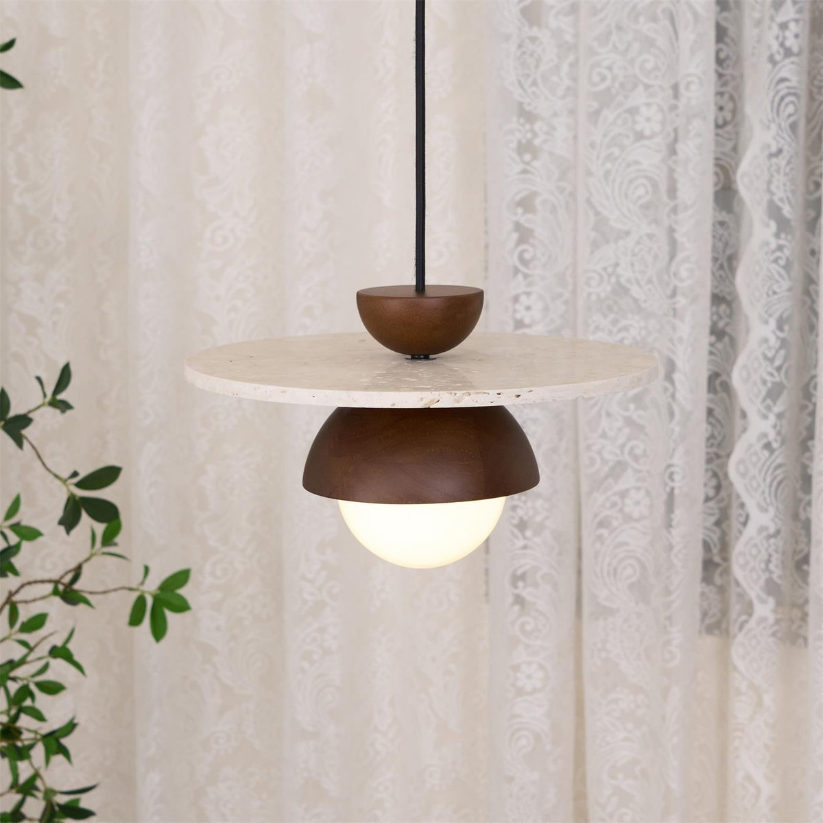 Calvion Pendant Light Travertine Wood Glass Globe-Neutral Decor