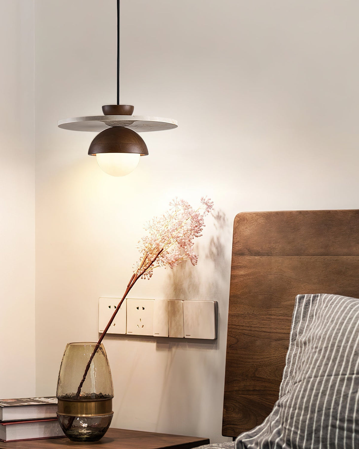 Calvion Pendant Light Travertine Wood Glass Globe-Neutral Decor