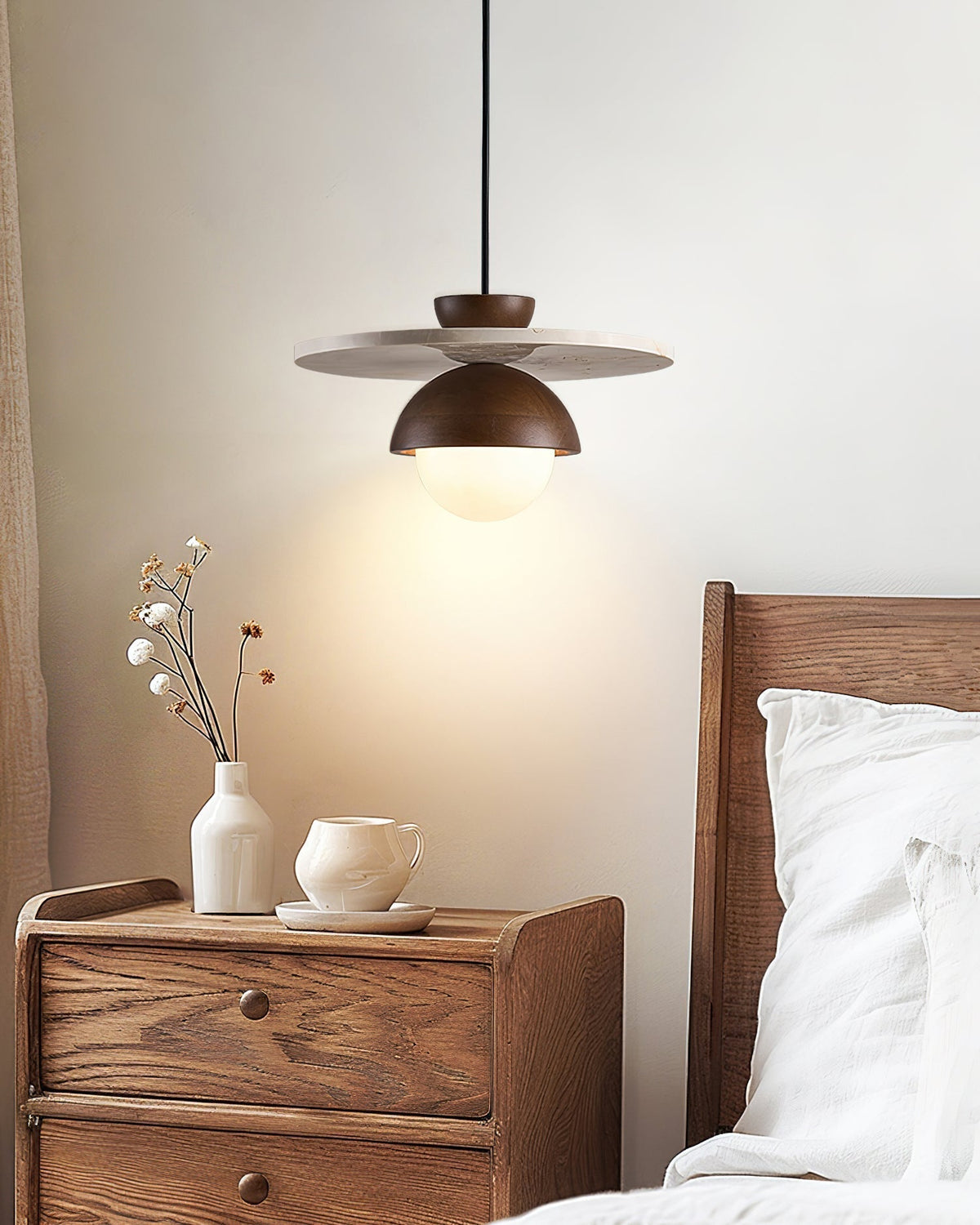Calvion Pendant Light Travertine Wood Glass Globe-Neutral Decor