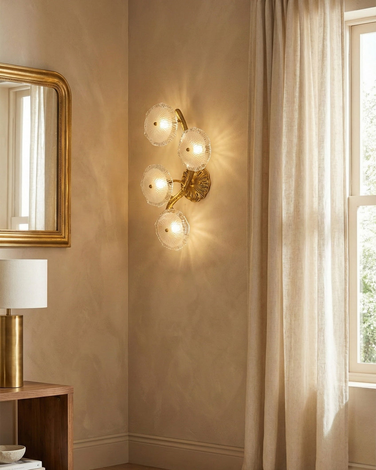 Kamal Wall Lamp shown illuminated, casting a rippled glow on the wall.