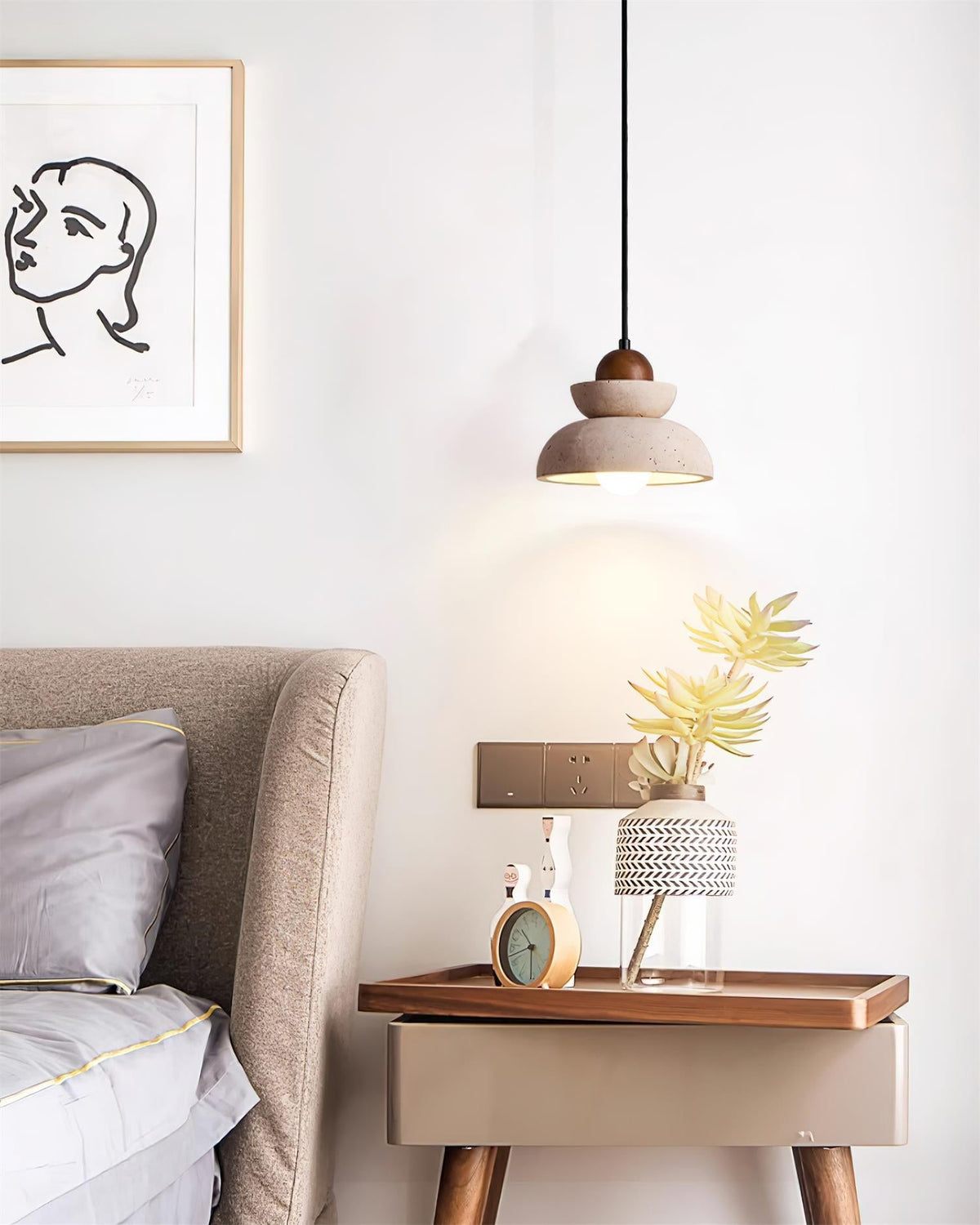 Pendant Lamp Travertine Shade Wood Modern Nordic Beige Walnut-Neutral Decor