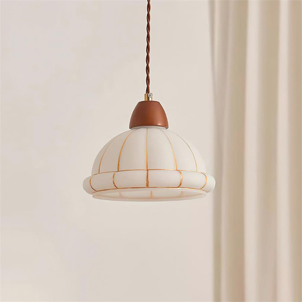 Pendant Lamp Glass Dome Shade Walnut Wood Accent Minimalist-Neutral Decor