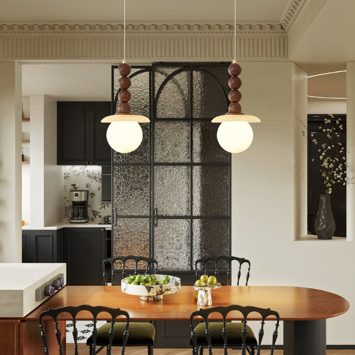 The Kaydan Pendant Lamp illuminated, highlighting the texture of the ribbed glass.