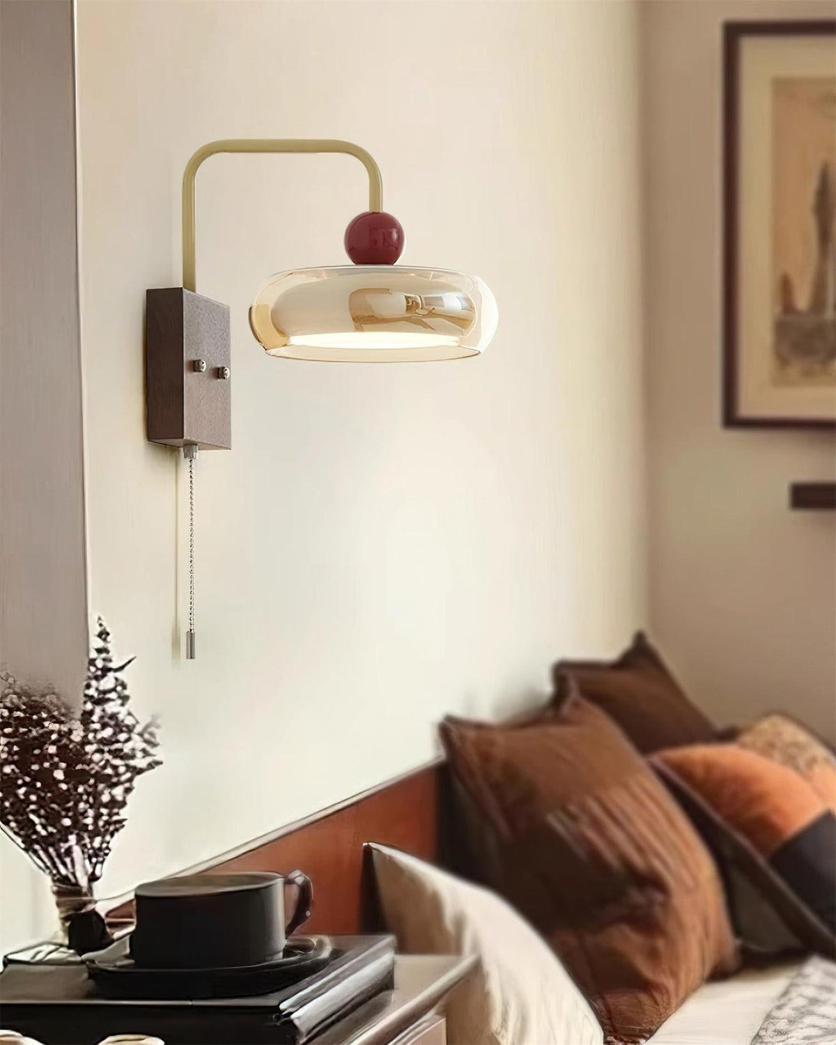 Lumiva Wall Lamp Retro & Glass Wood Pull-Chain-Neutral Decor