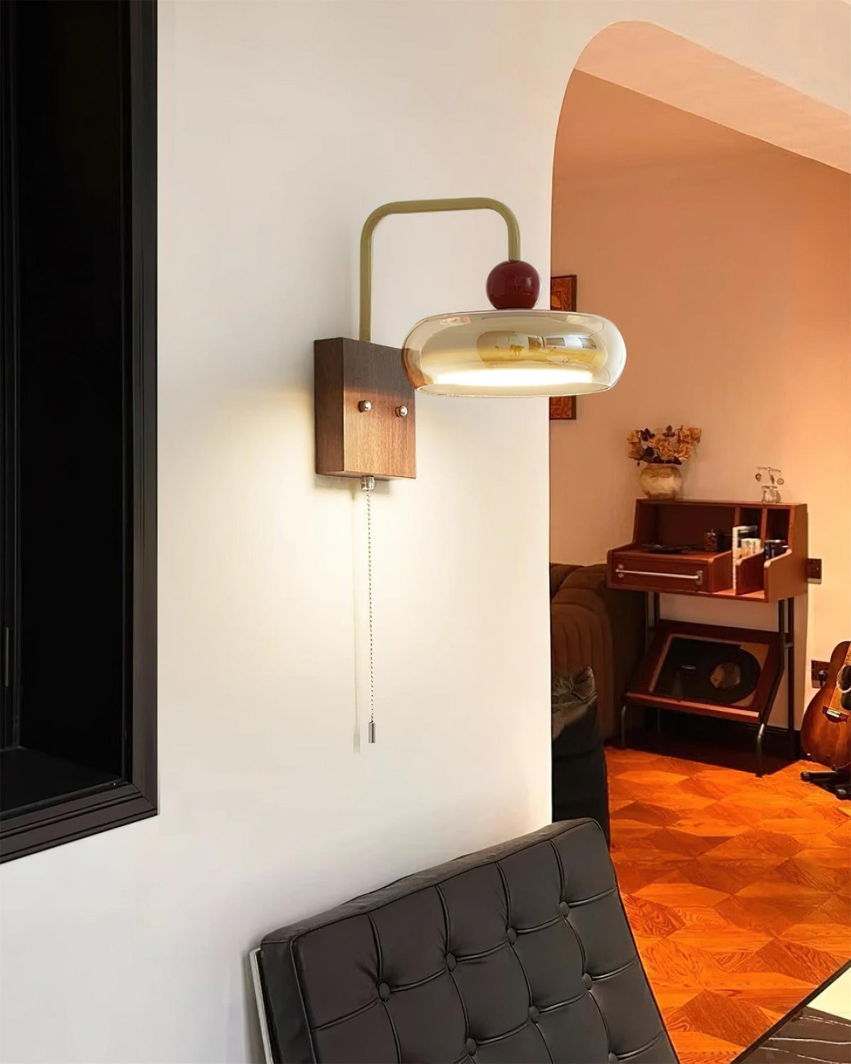 Lumiva Wall Lamp Retro & Glass Wood Pull-Chain-Neutral Decor