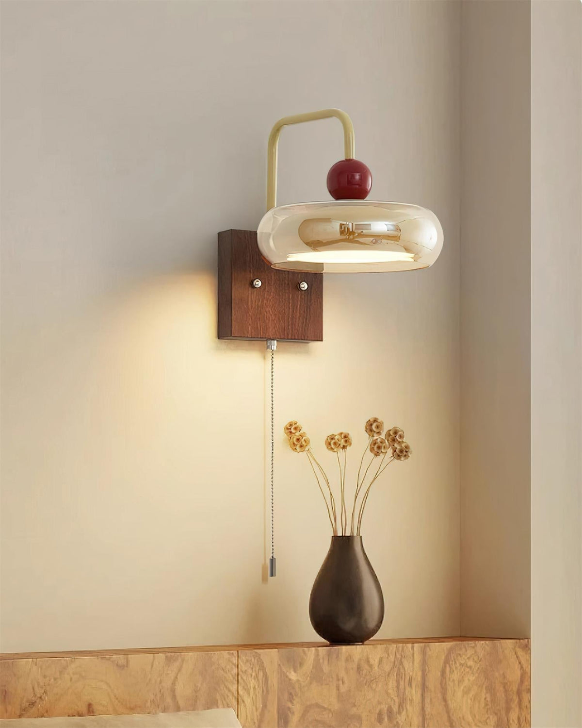 Lumiva Wall Lamp Retro & Glass Wood Pull-Chain-Neutral Decor