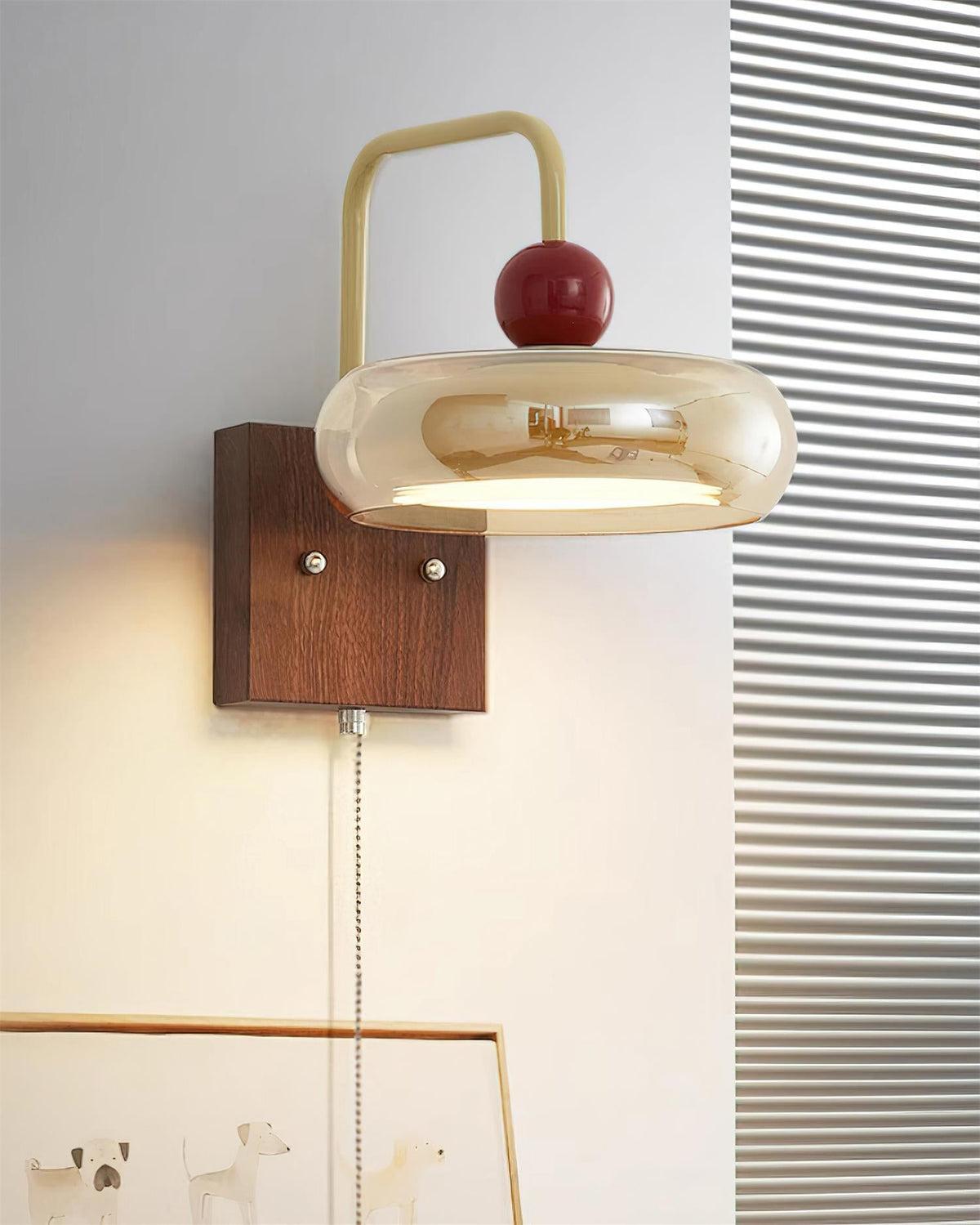 Lumiva Wall Lamp Retro & Glass Wood Pull-Chain-Neutral Decor