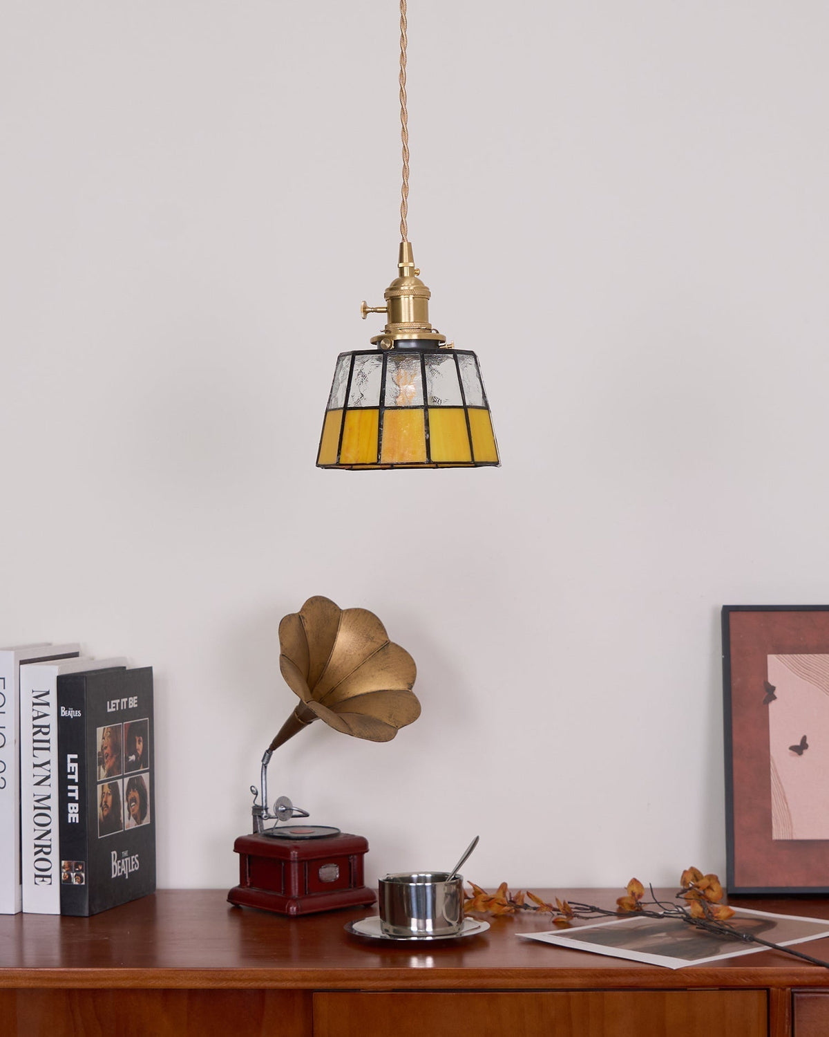 Pendant Lamp Stained Glass Shade Vintage Pattern Brass Retro-Neutral Decor